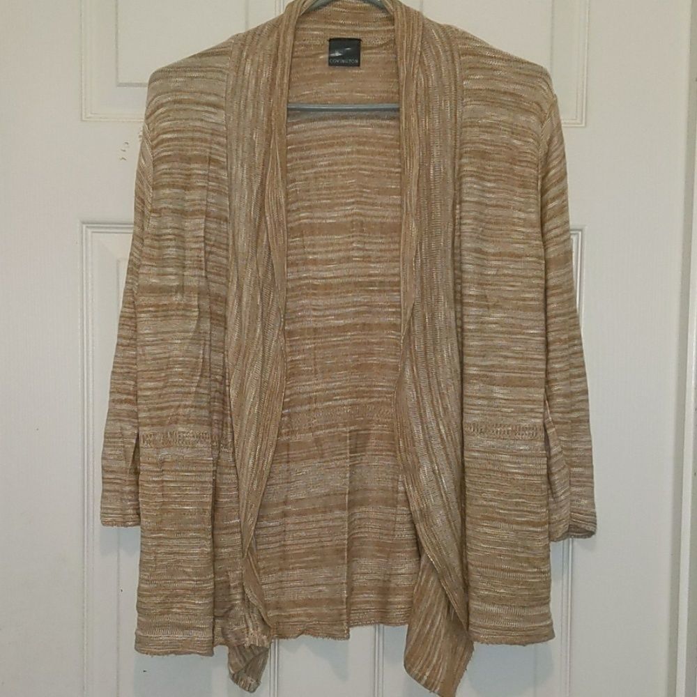 Covington tan white cardigan Sz L
